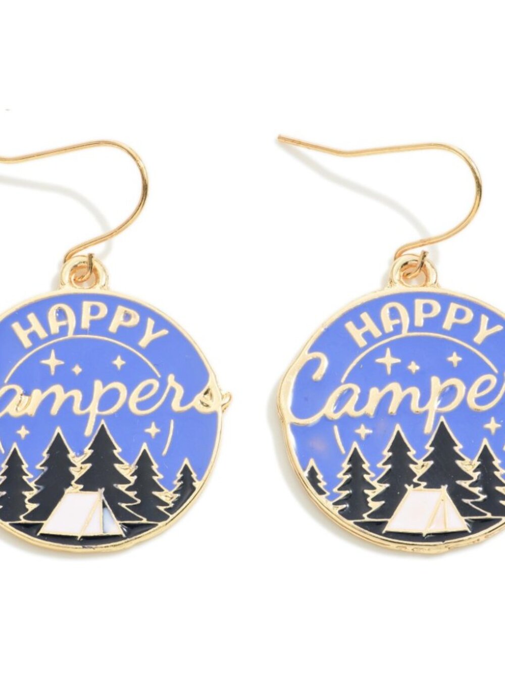 Blue and Black 'Happy Camper' Round Drop Earrings